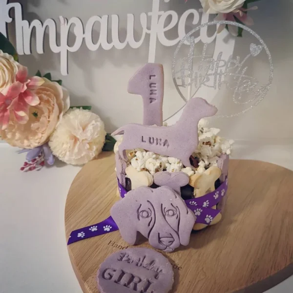 Purple DOG BIRTHDAY CAKE personalised any name & dog breed biscuit